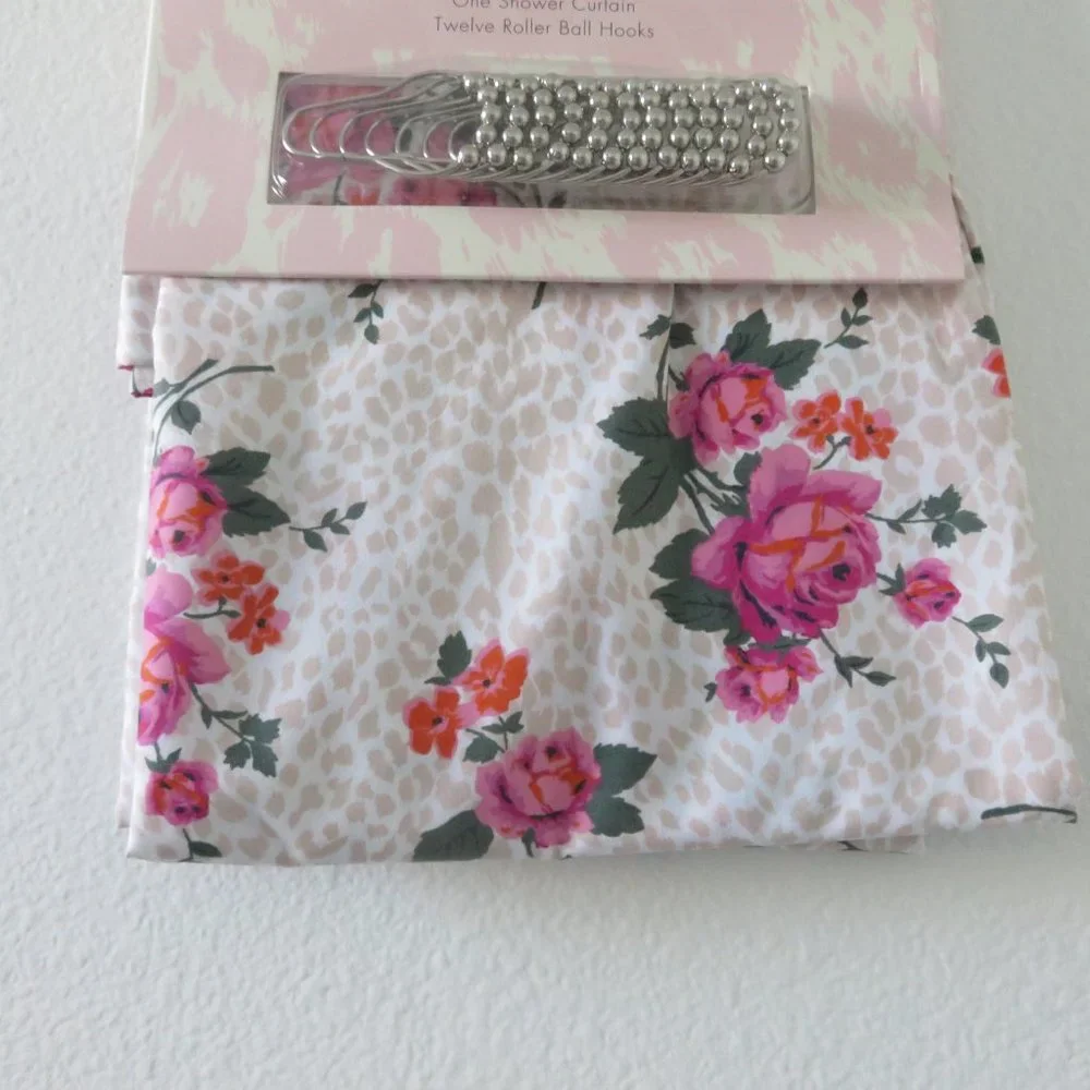 (#A) Betsey Johnson Floral  Leopard Shower Curtain and 12 Ball Hooks